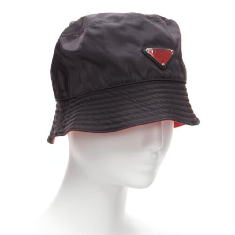 Gray PRADA Symbole black metal triangle logo red inside nylon bucket hat M