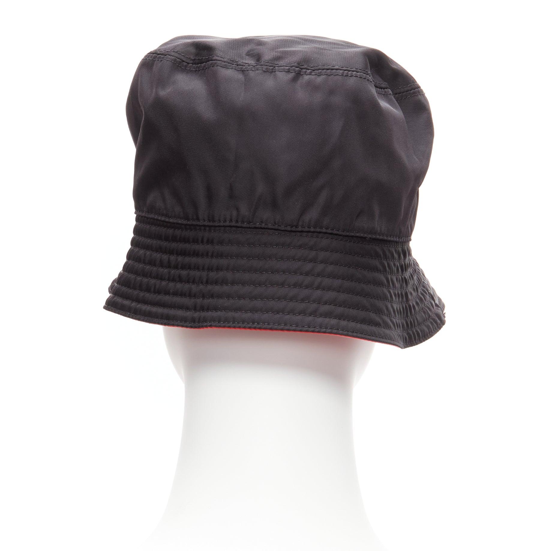 Women's PRADA Symbole black metal triangle logo red inside nylon bucket hat M For Sale