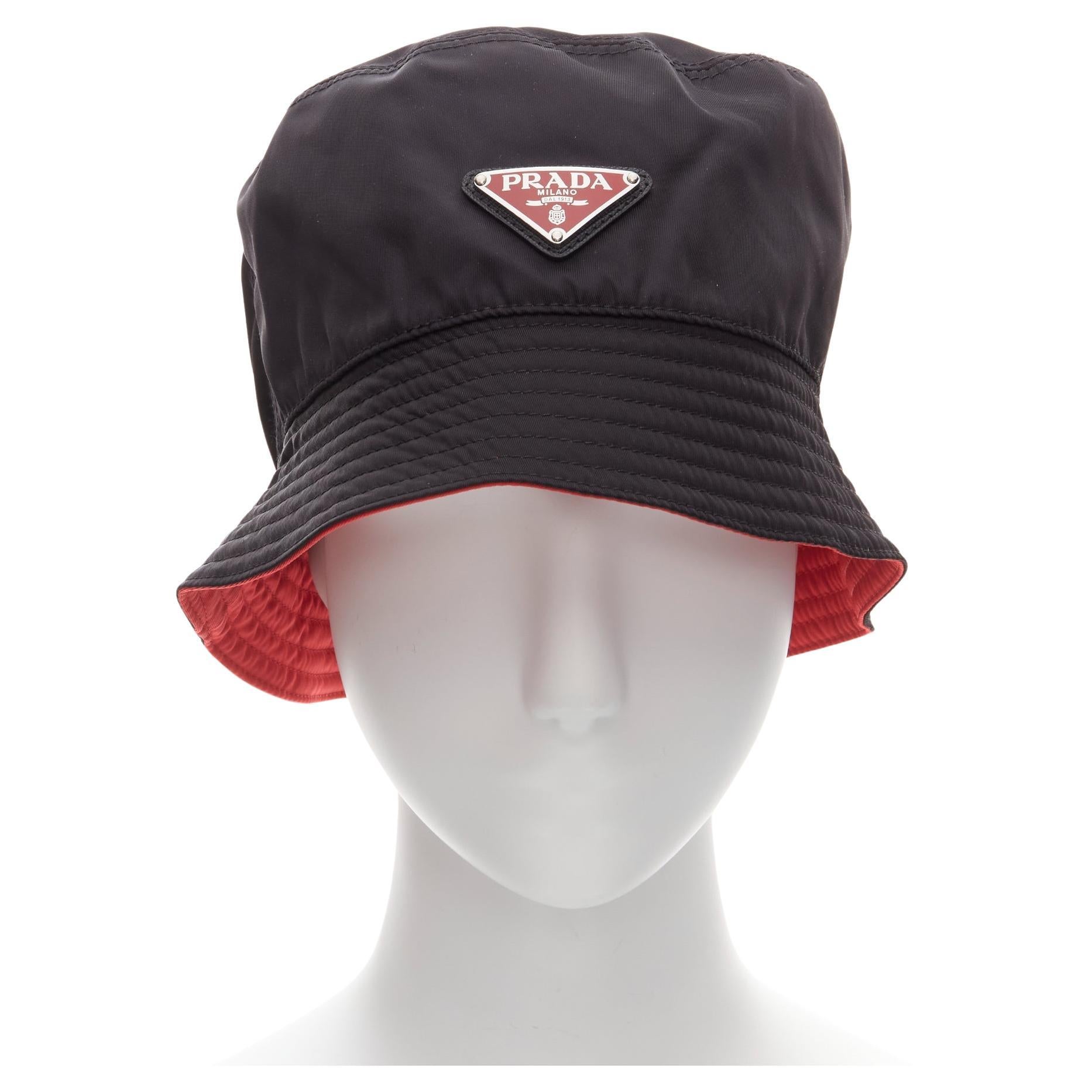 PRADA Symbole black metal triangle logo red inside nylon bucket hat M For Sale