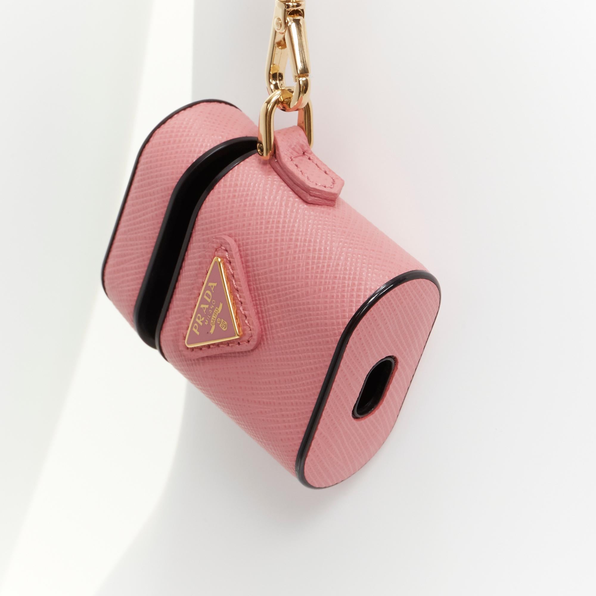 PRADA Symbole Triangle logo saffiano leather AirPods case lanyard pink In Excellent Condition For Sale In Hong Kong, NT