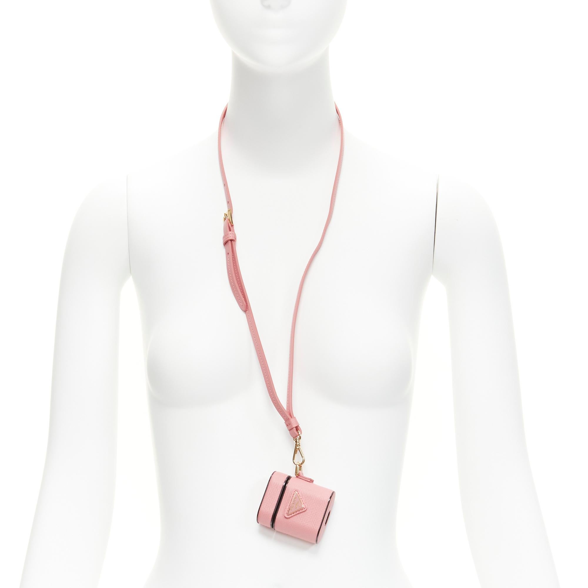 PRADA Symbole Triangle logo saffiano leather AirPods case lanyard pink In New Condition In Hong Kong, NT