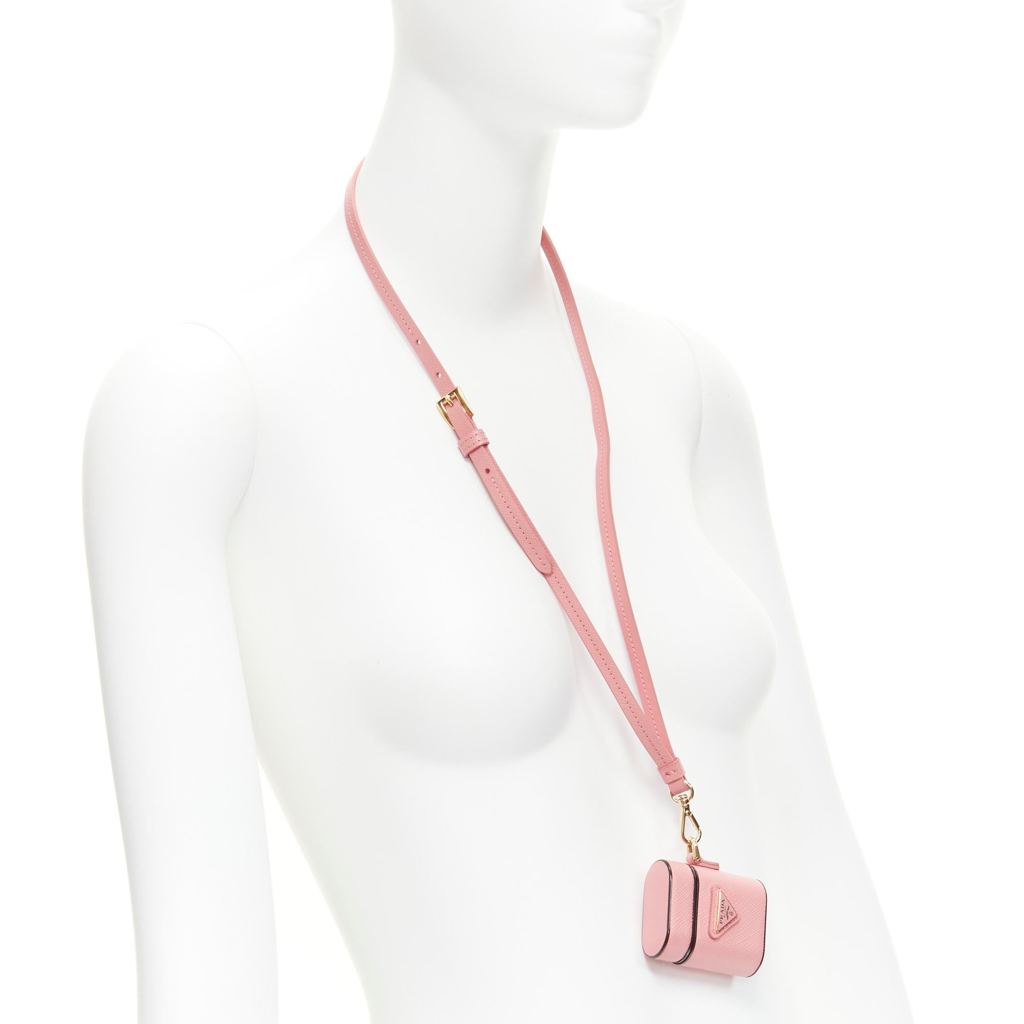 PRADA Symbole Triangle logo saffiano leather AirPods case lanyard pink 1