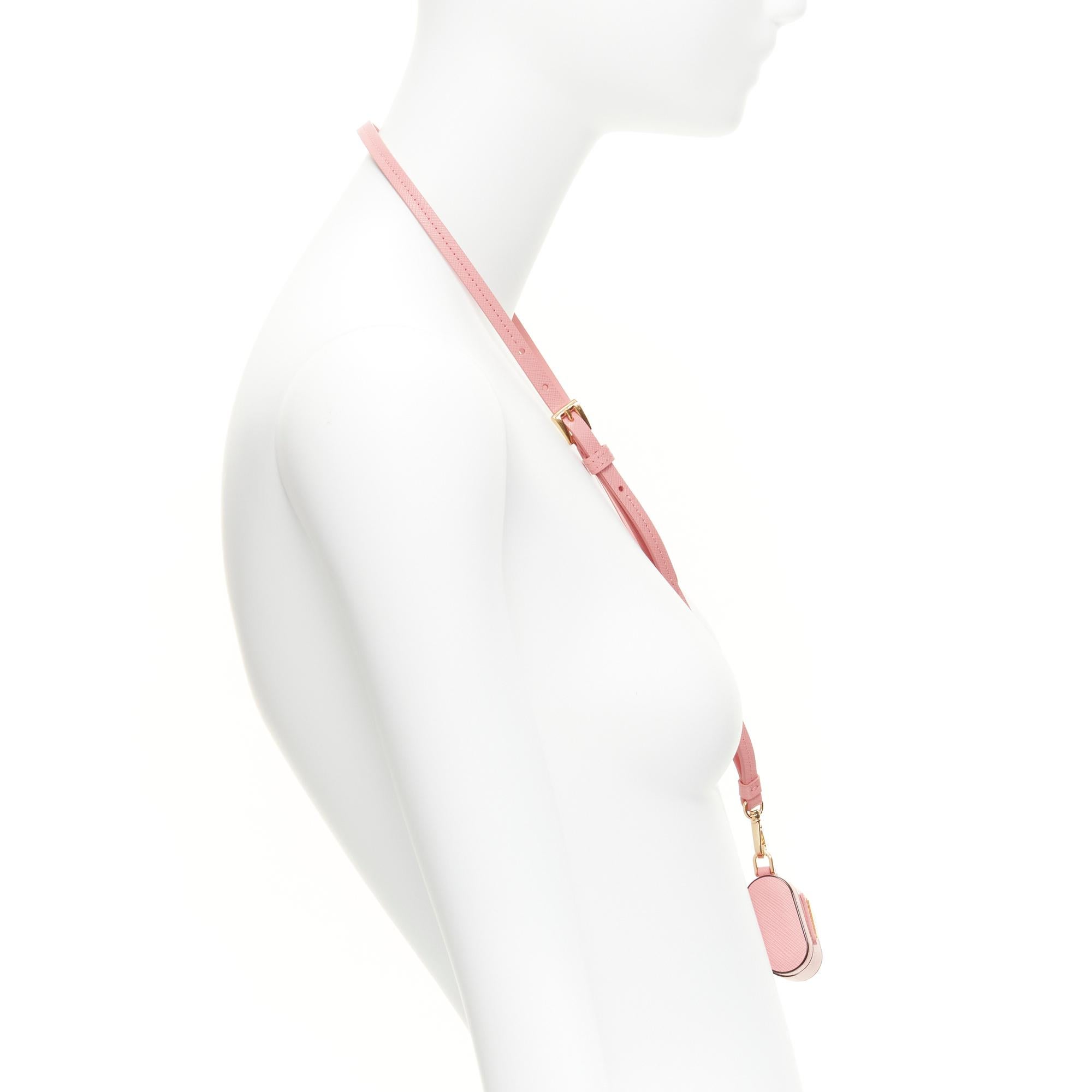 PRADA Symbole Triangle logo saffiano leather AirPods case lanyard pink in vendita 2