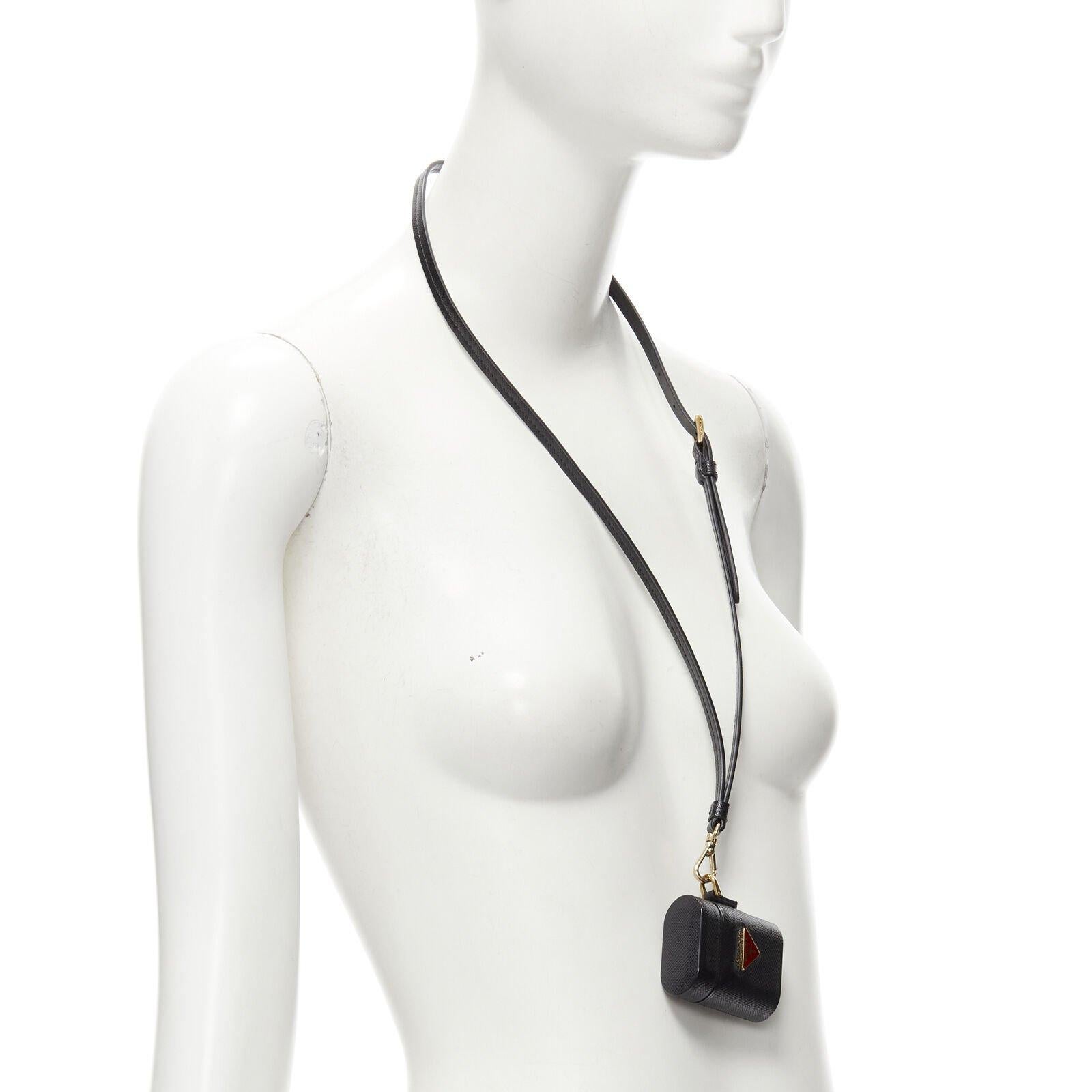 Black PRADA Symbole Triangle logo saffiano leather AirPods lanyard bag black red