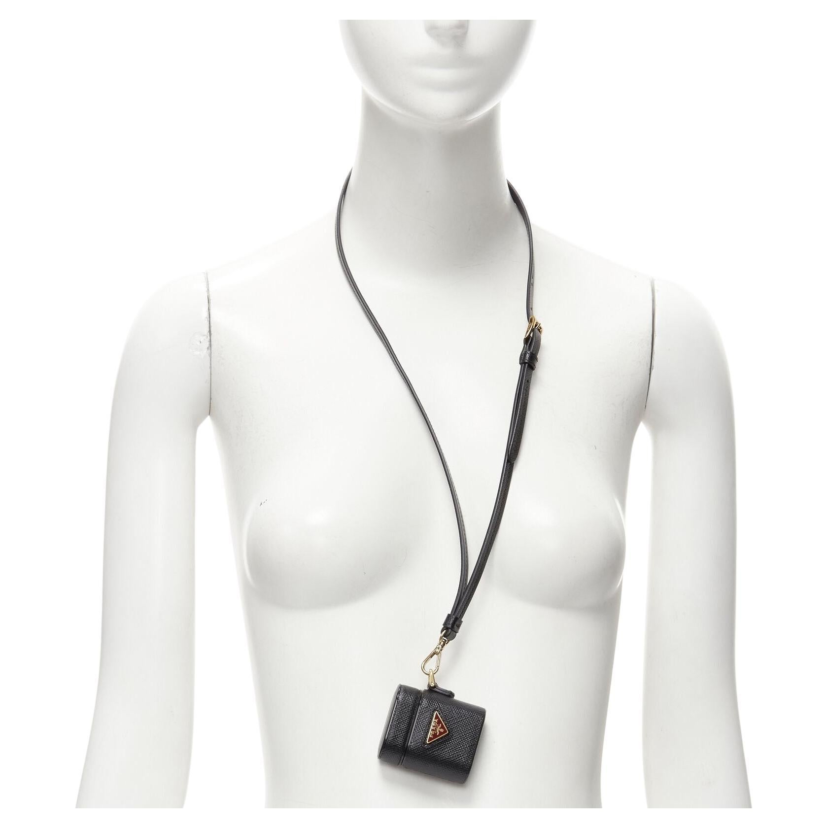PRADA Symbole Triangle logo saffiano leather AirPods lanyard bag black red For Sale