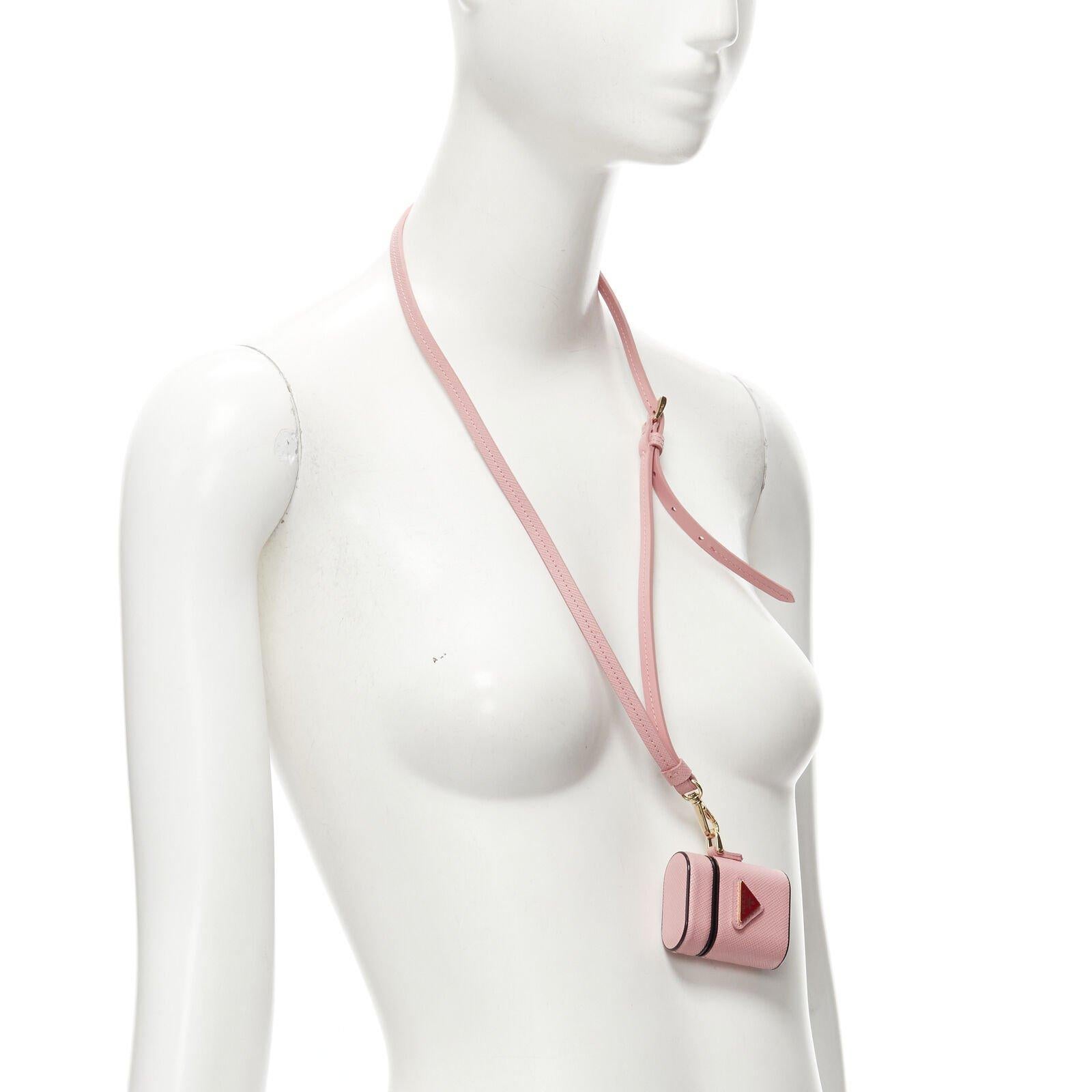 Beige PRADA Borsa AirPods in pelle saffiano con logo Symbole Triangle e cordino rosa rosso in vendita