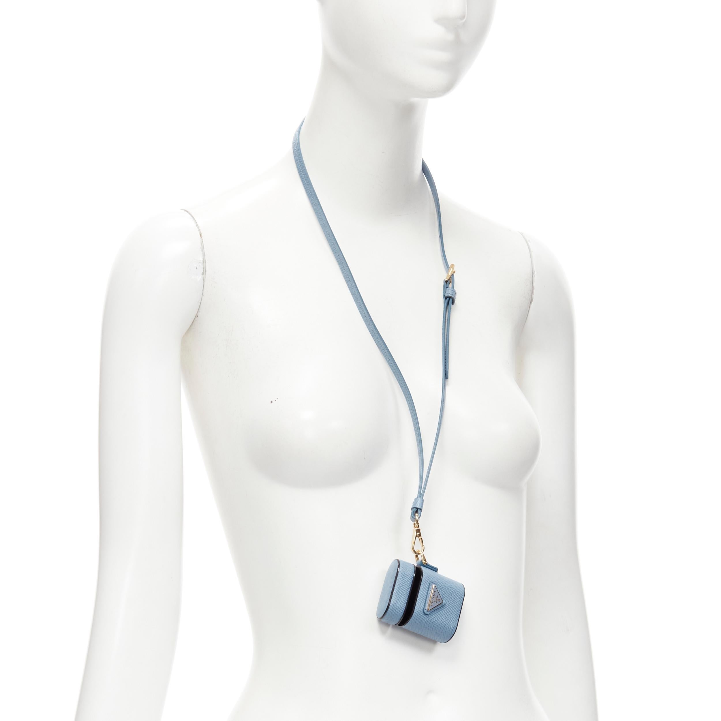 Gray PRADA Symbole Triangle logo saffiano leather AirPods lanyard bag sky blue For Sale