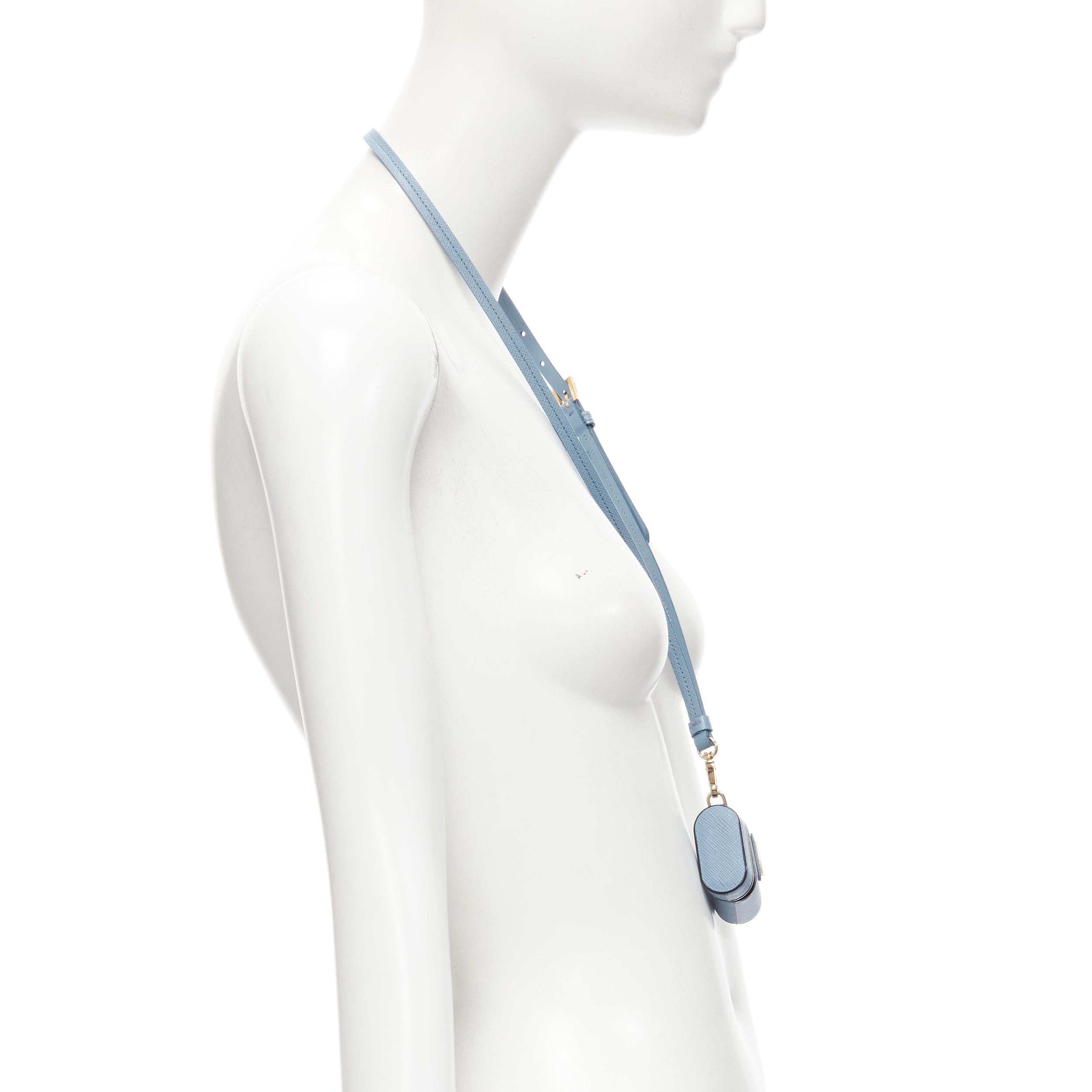 PRADA Symbole Triangle logo saffiano leather AirPods lanyard bag sky blue In New Condition For Sale In Hong Kong, NT