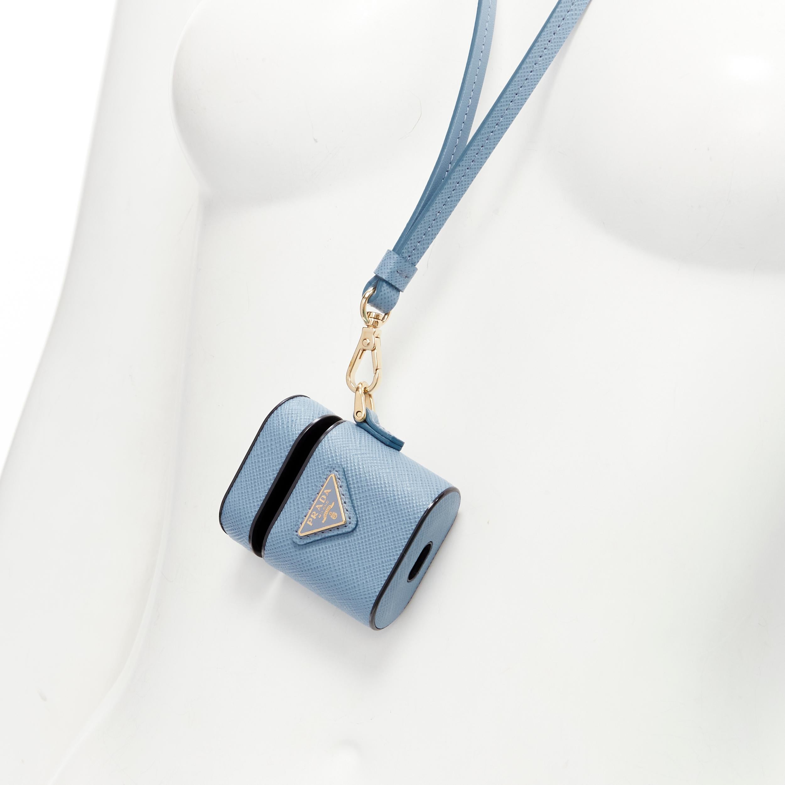 PRADA Symbole Triangle logo saffiano leather AirPods lanyard bag sky blue For Sale 2