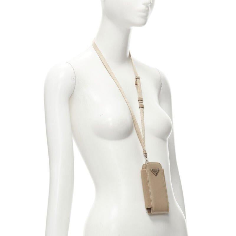 PRADA Symbole Triangle logo saffiano leather Phone lanyard bag beige nude In New Condition For Sale In Hong Kong, NT