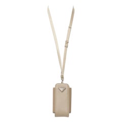 PRADA Symbole Triangle logo saffiano leather Phone lanyard bag beige nude