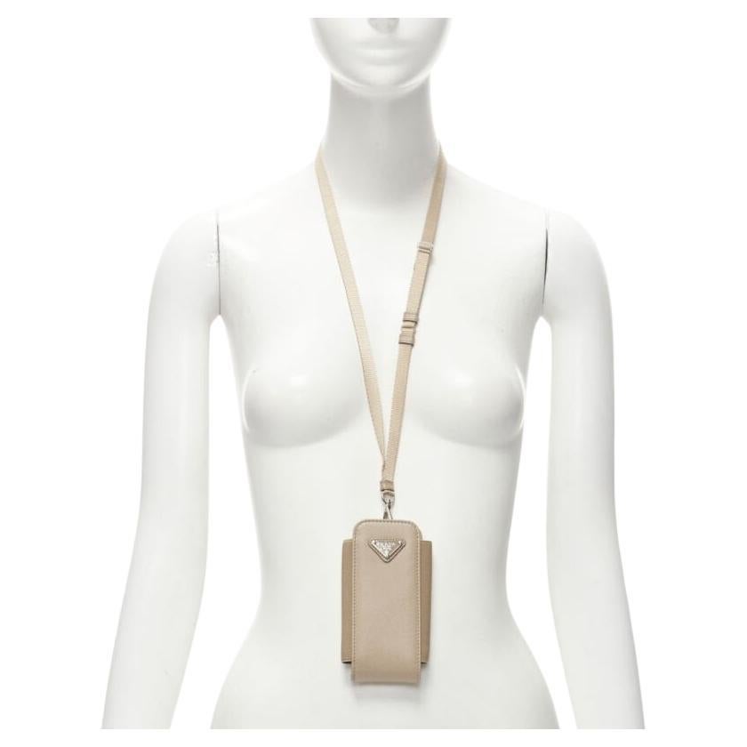 PRADA Symbole Triangle logo saffiano leather Phone lanyard bag beige nude