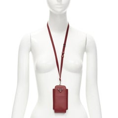 PRADA Symbole Triangle logo saffiano leather phone pouch lanyard bag red