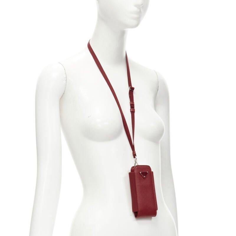 Brown PRADA Symbole Triangle logo saffiano leather phone pouch lanyard bag red For Sale