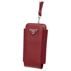 PRADA Symbole Triangle logo saffiano leather phone pouch lanyard bag red