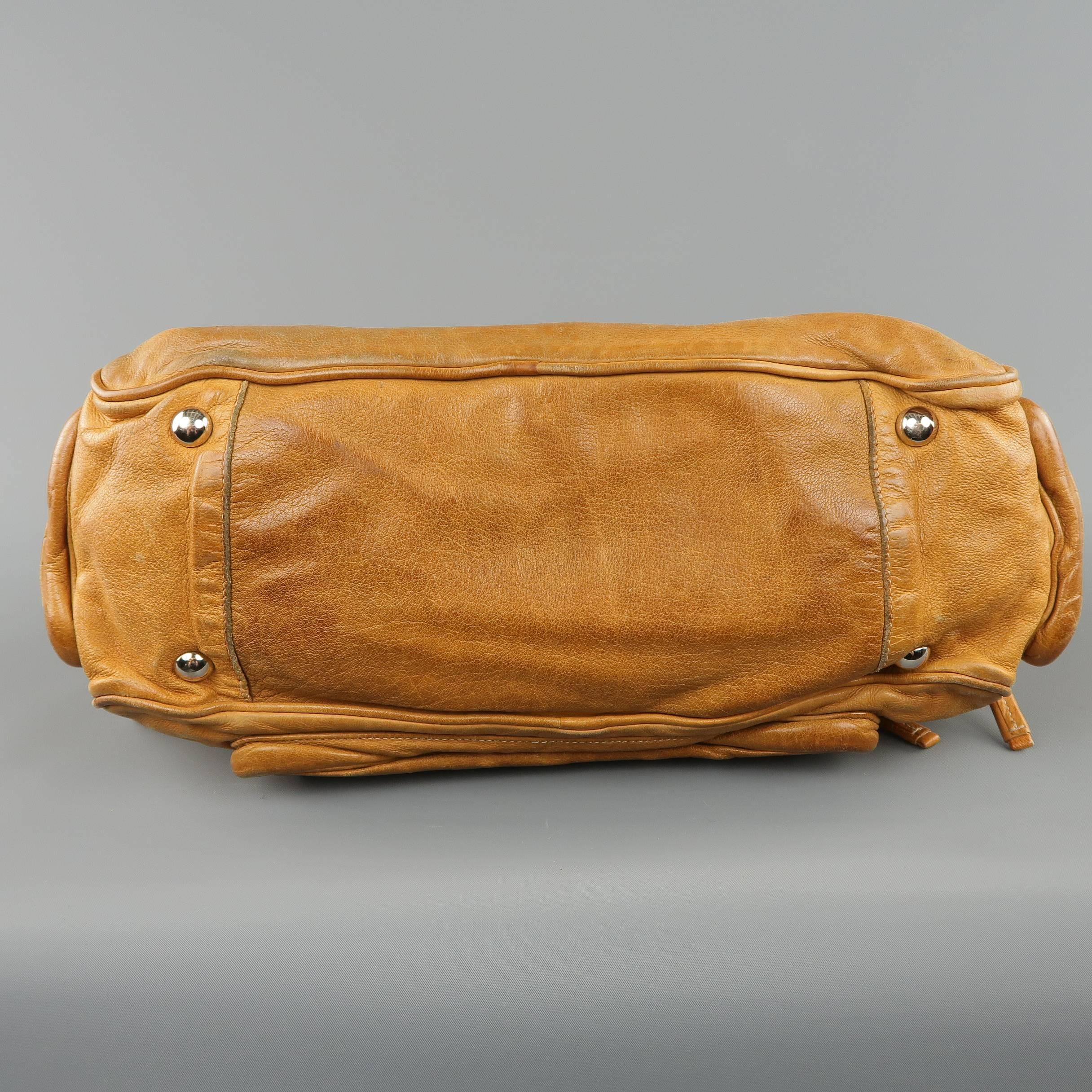 PRADA Tan Aged Leather Zip Pocket Shoulder Handbag 5
