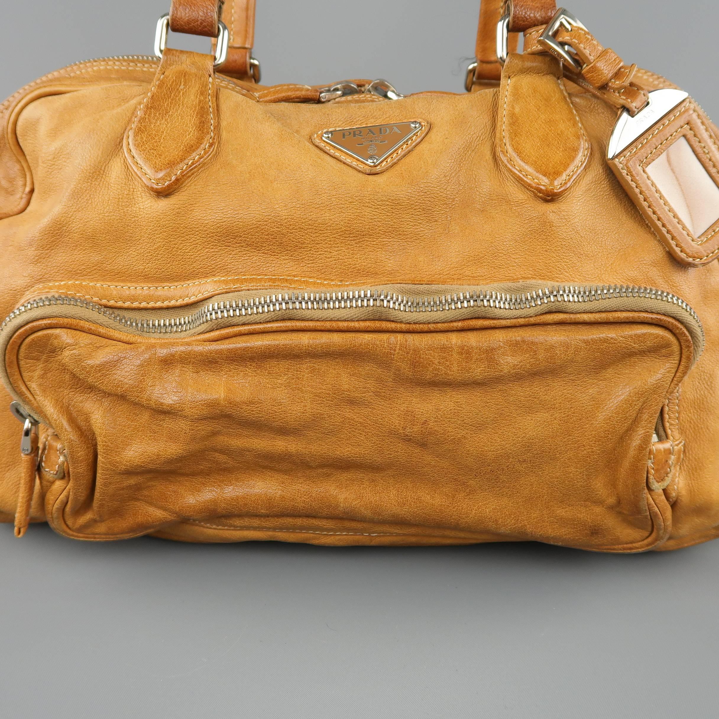 Brown PRADA Tan Aged Leather Zip Pocket Shoulder Handbag