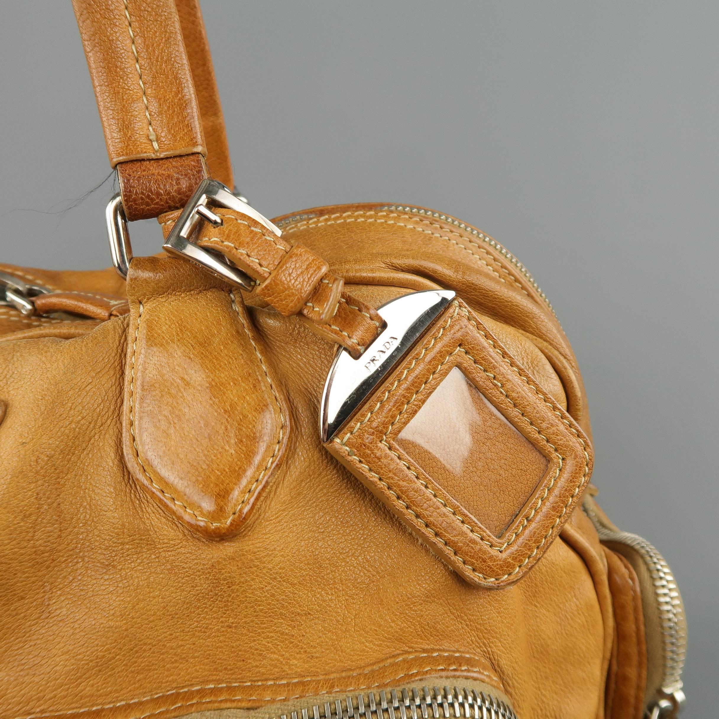 PRADA Tan Aged Leather Zip Pocket Shoulder Handbag In Fair Condition In San Francisco, CA