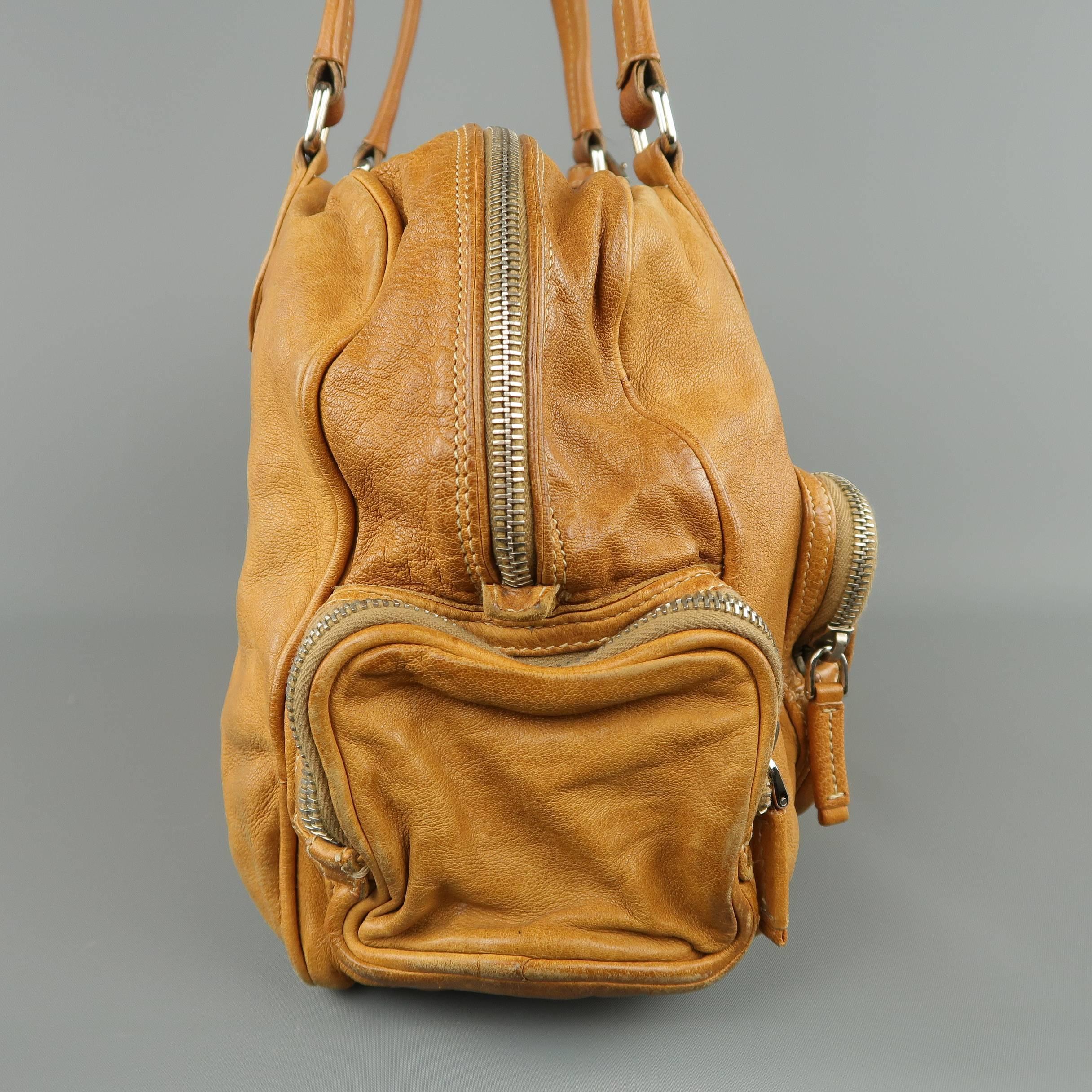 Women's PRADA Tan Aged Leather Zip Pocket Shoulder Handbag