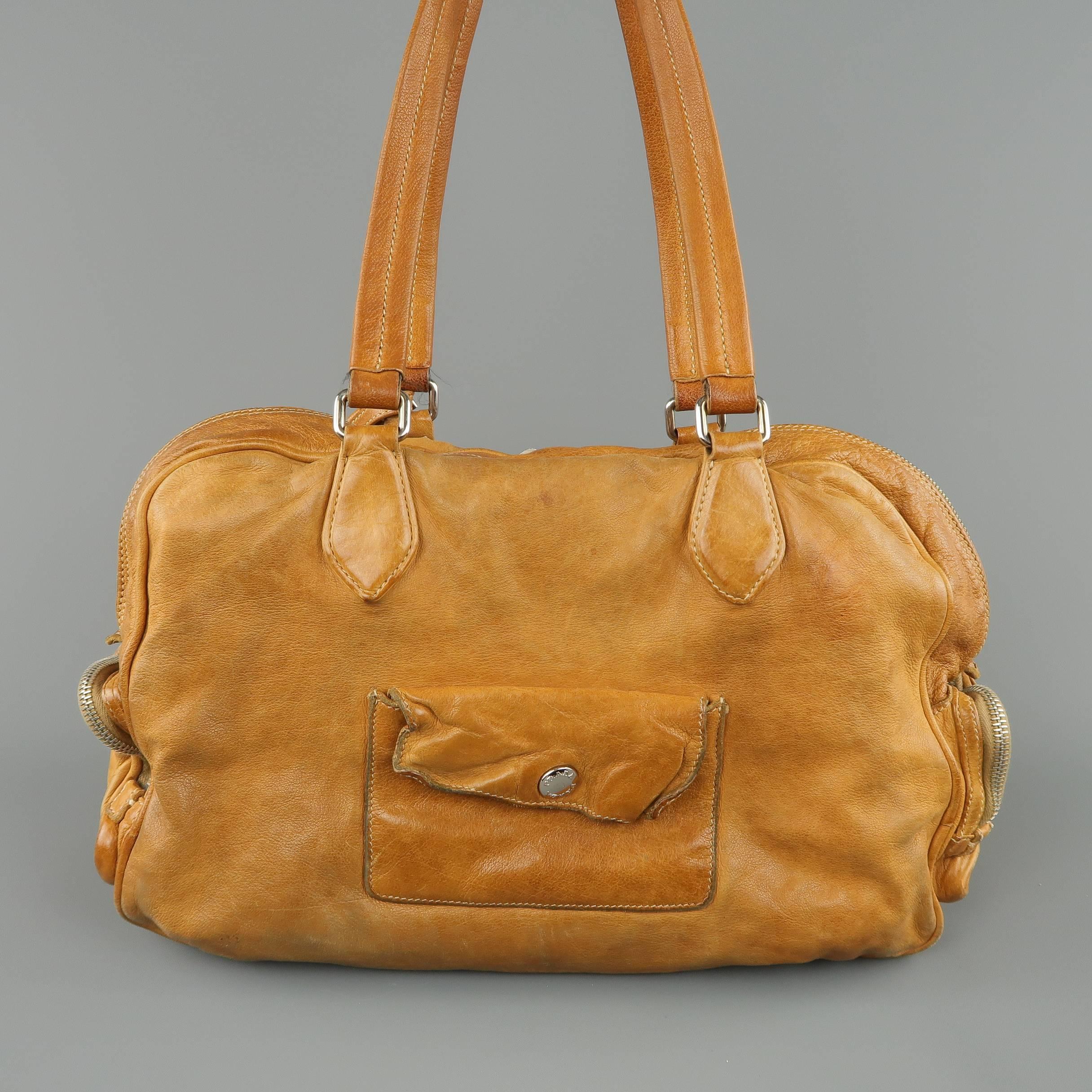 PRADA Tan Aged Leather Zip Pocket Shoulder Handbag 2