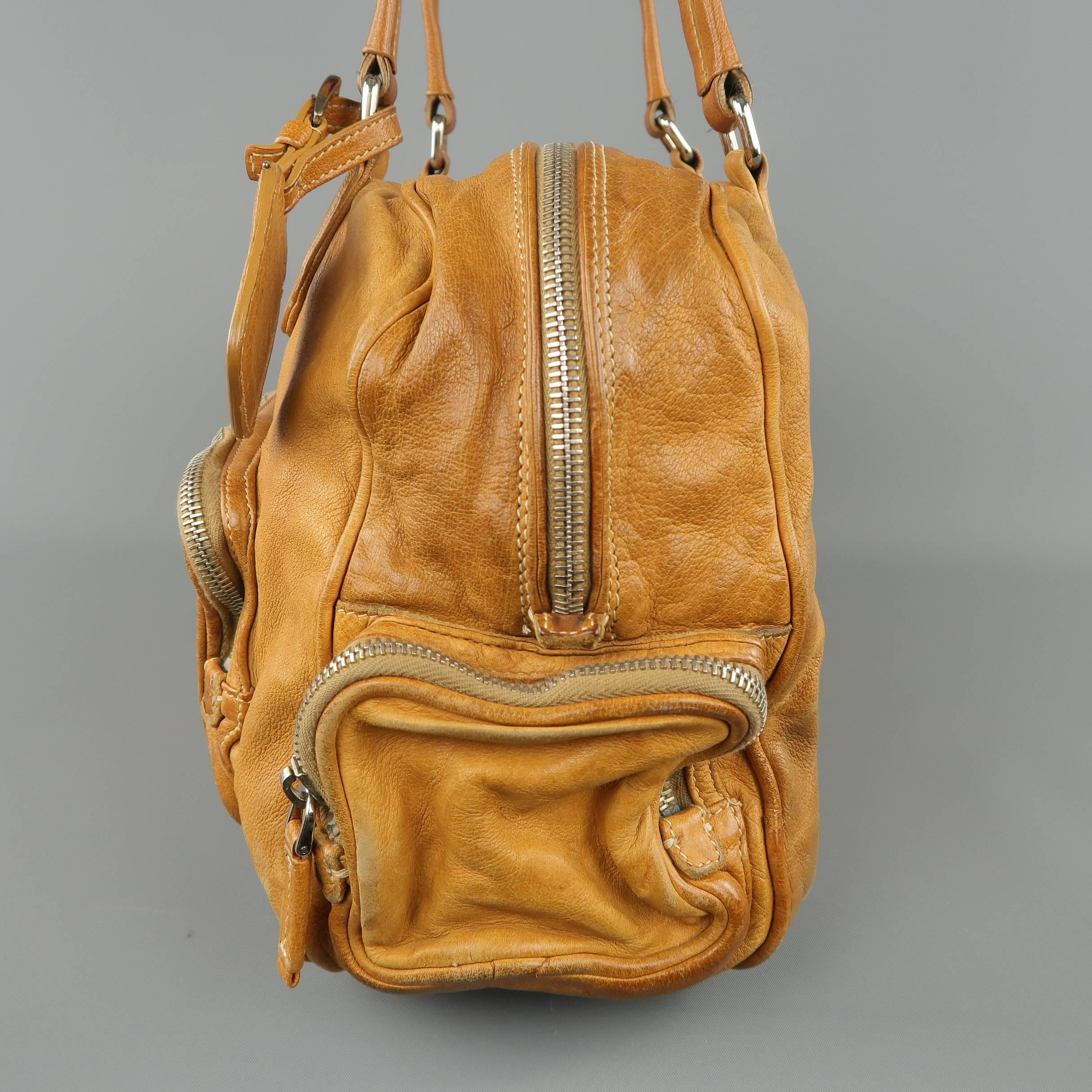 PRADA Tan Aged Leather Zip Pocket Shoulder Handbag 4