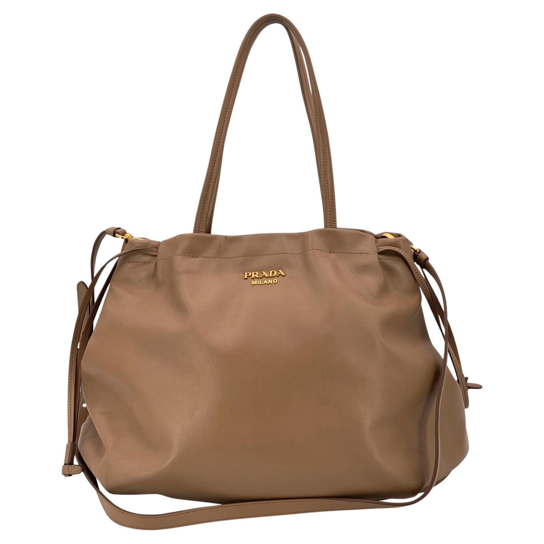 Prada Tan Beige Leather Tote Shoulder Bag Handbag with Strap