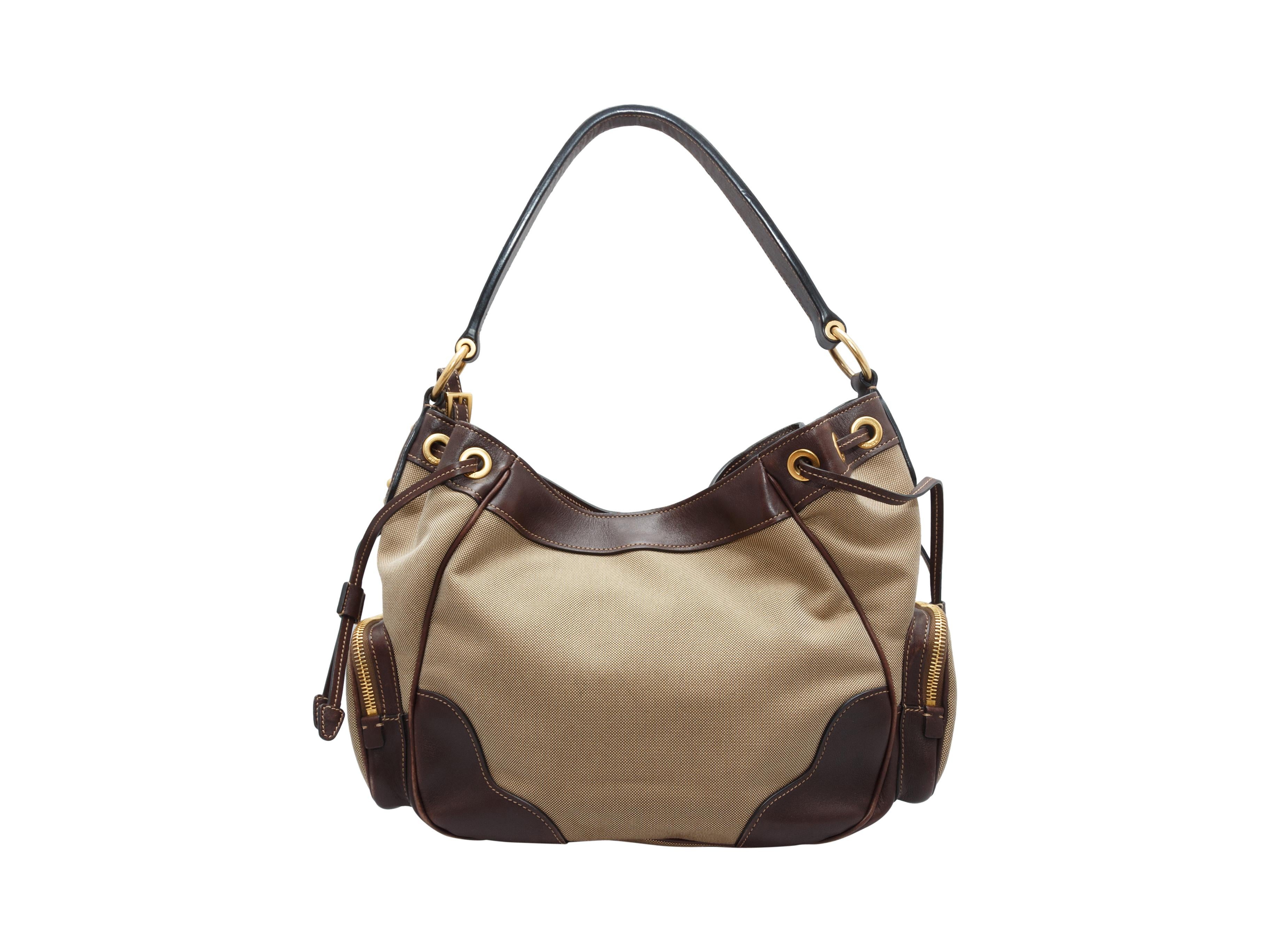 Prada Tan & Brown Canvas Logo Handbag In Good Condition In New York, NY