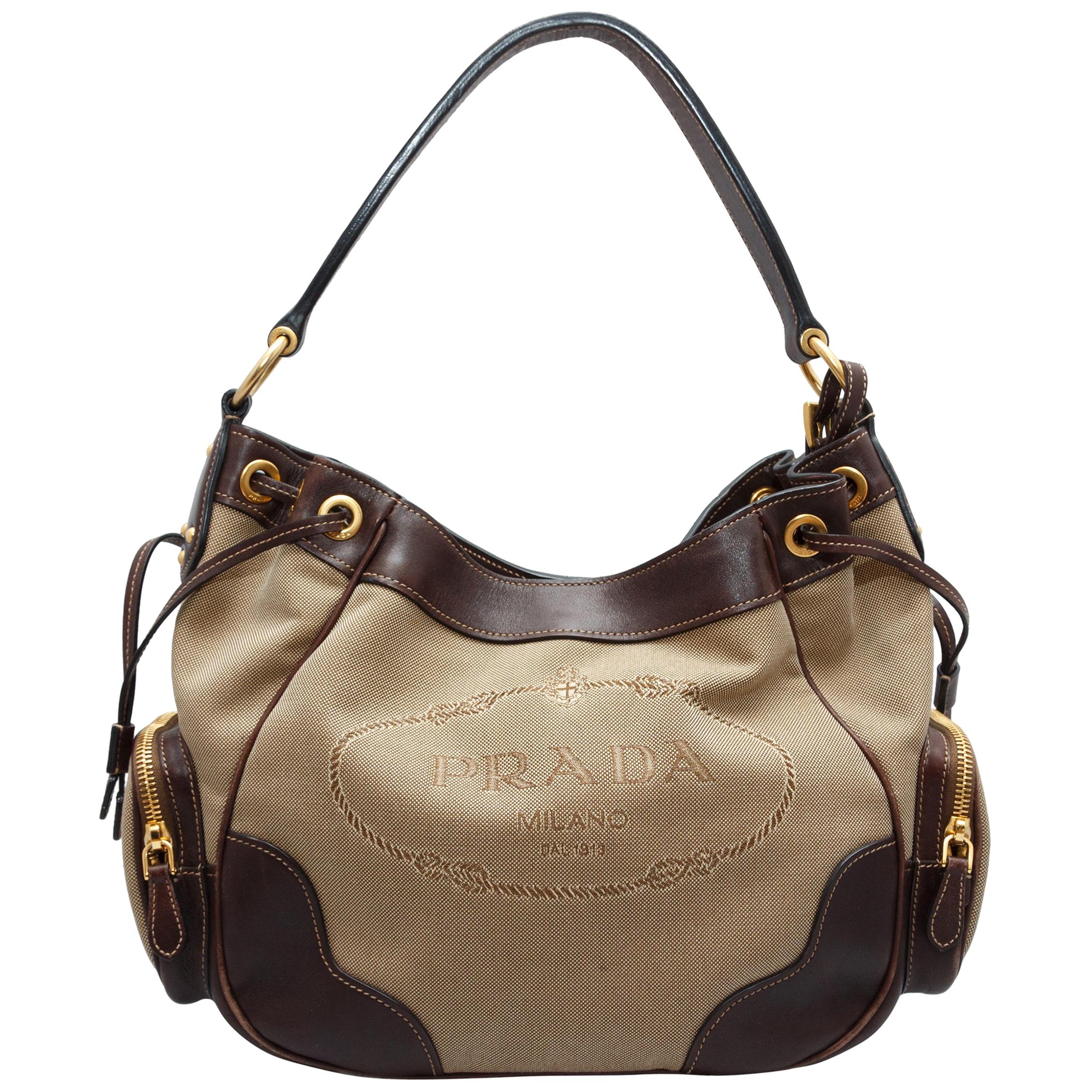 Prada Tan & Brown Canvas Logo Handbag