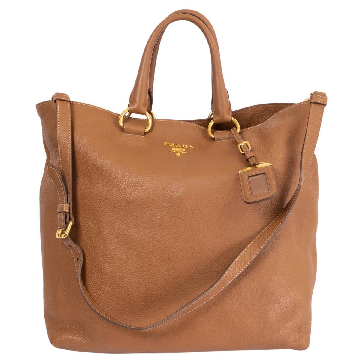 PRADA tan brown leather Shopping Tote Bag