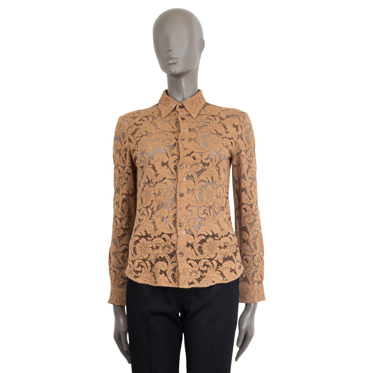 Brown PRADA tan brown viscose LACE Button-Up Shirt 38 XS For Sale