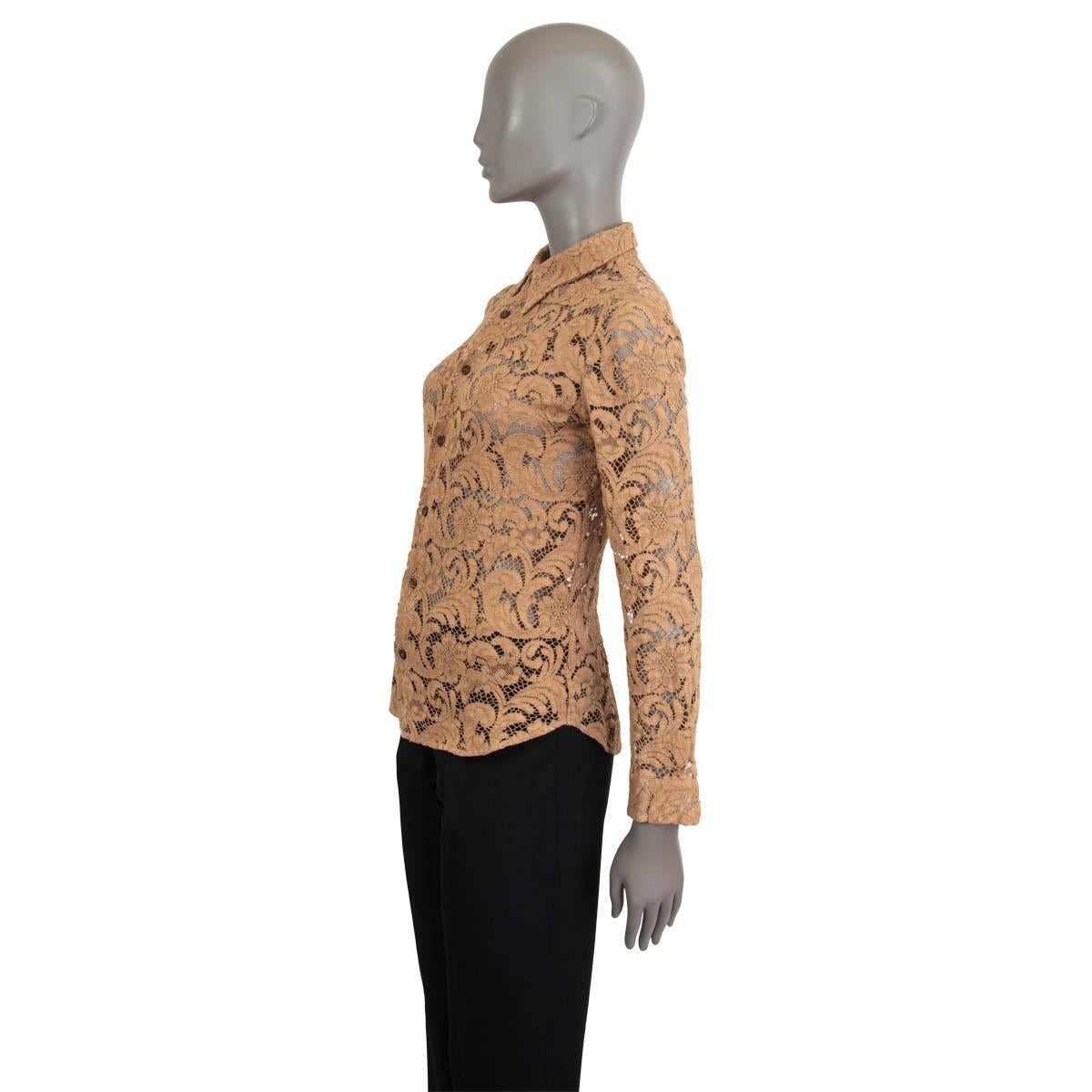PRADA tan brown viscose LACE Button-Up Shirt 38 XS In Excellent Condition For Sale In Zürich, CH