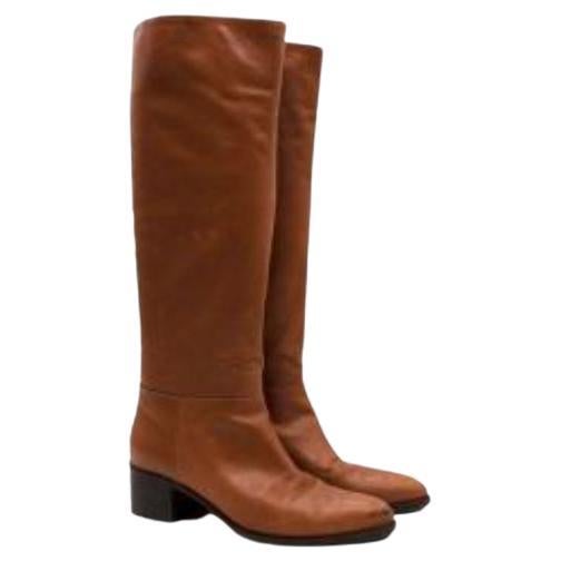 Prada Tan Calf Leather Long Heeled Boots For Sale