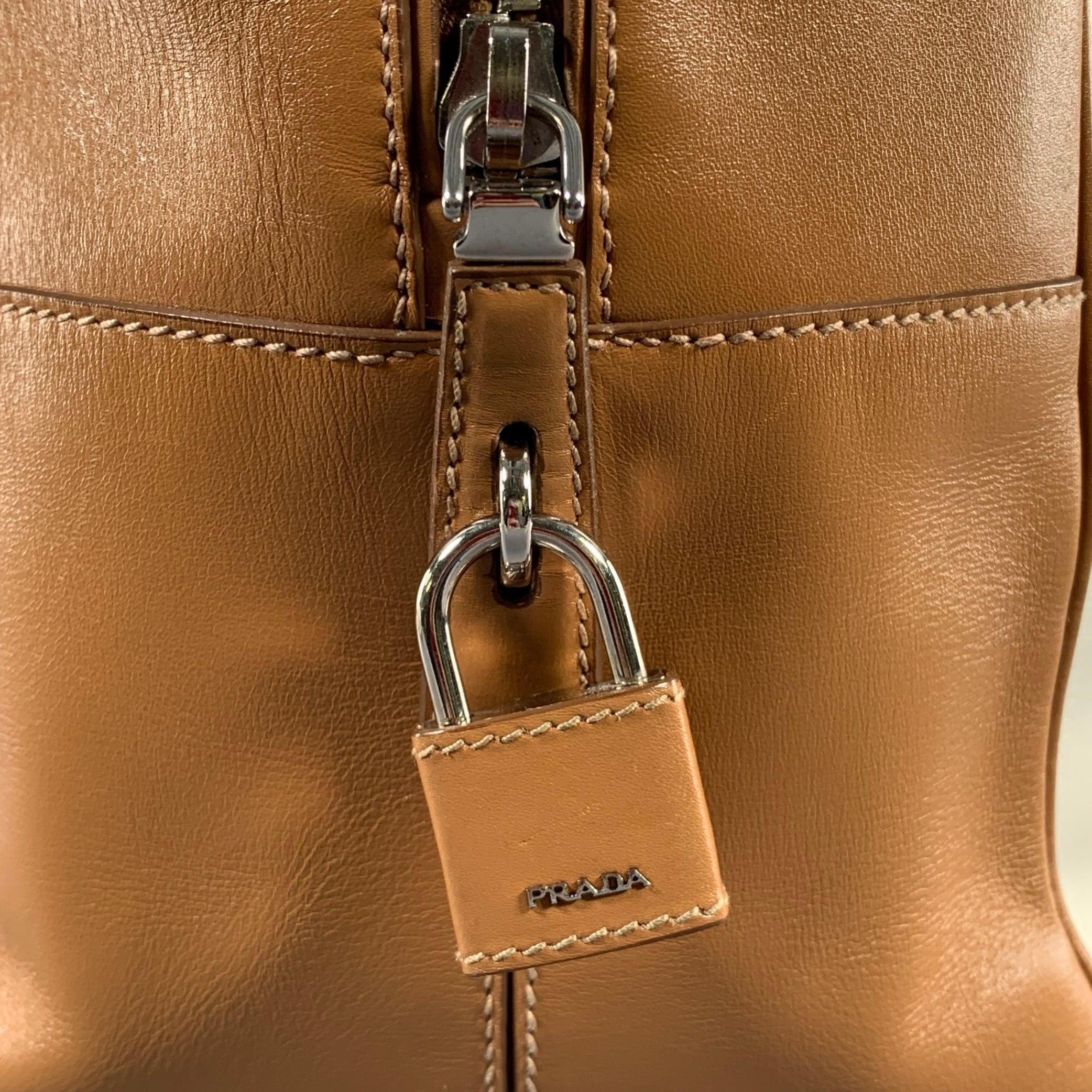 PRADA Tan Cream Color Block Leather Overnight Bags For Sale 6