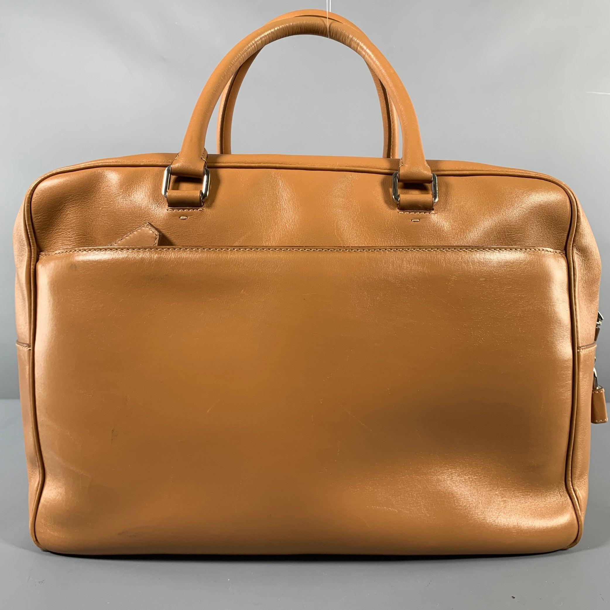 Beige PRADA Tan Cream Color Block Leather Overnight Bags For Sale