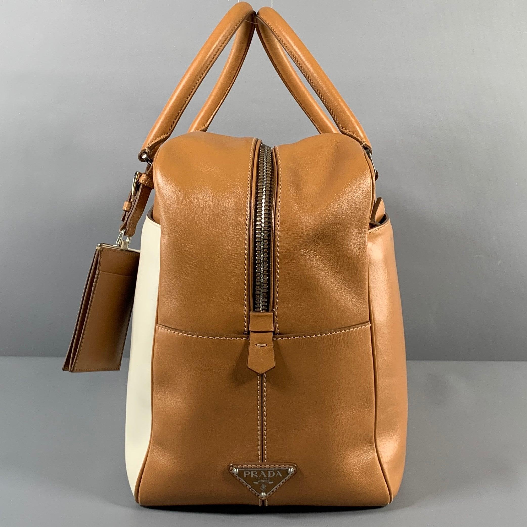 PRADA Tan Cream Color Block Leather Overnight Bags In Good Condition For Sale In San Francisco, CA