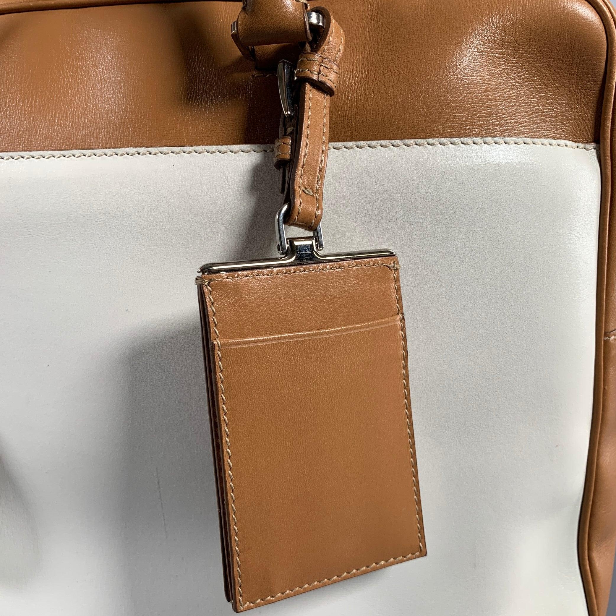 PRADA Tan Cream Color Block Leather Overnight Bags For Sale 2