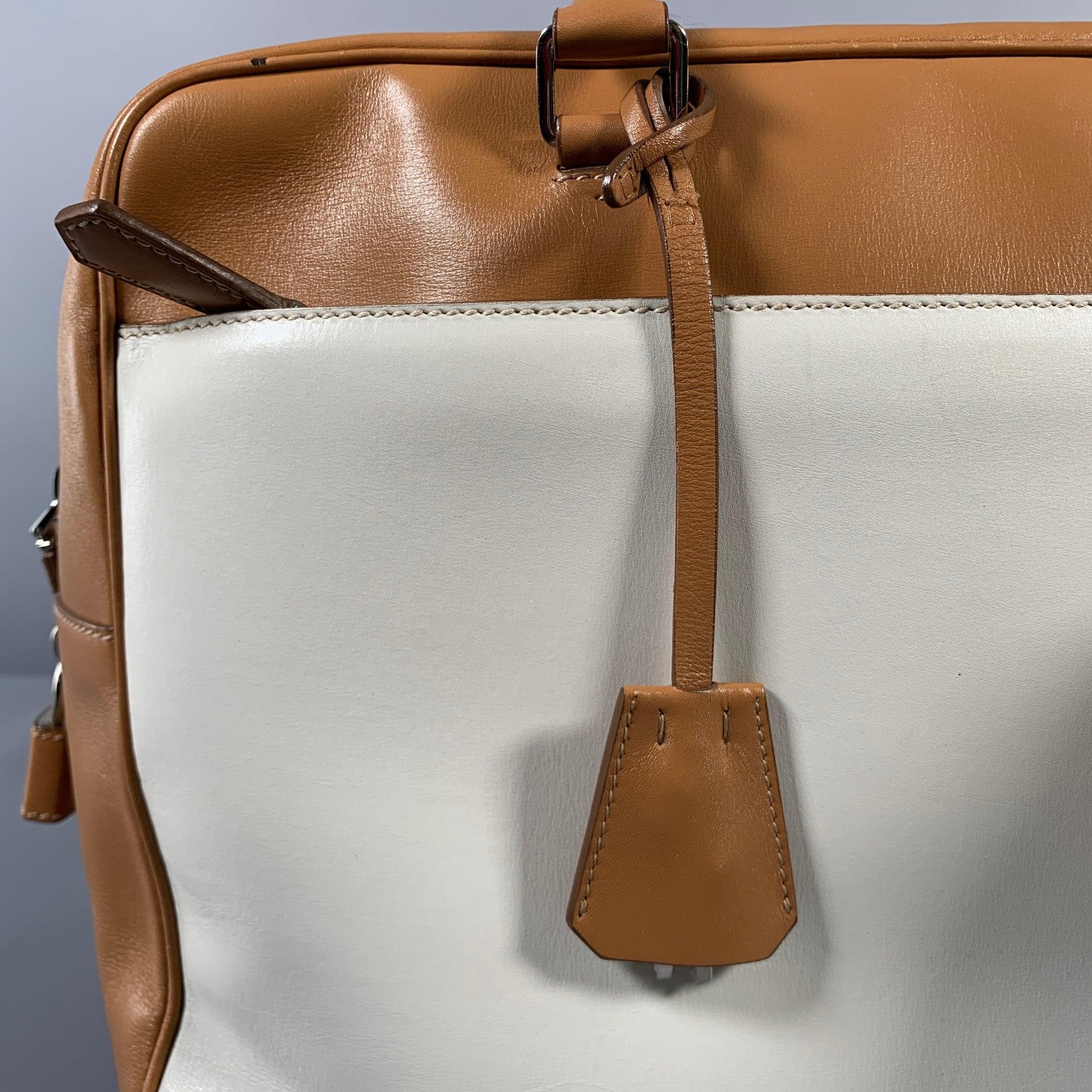 PRADA Tan Cream Color Block Leather Overnight Bags For Sale 4