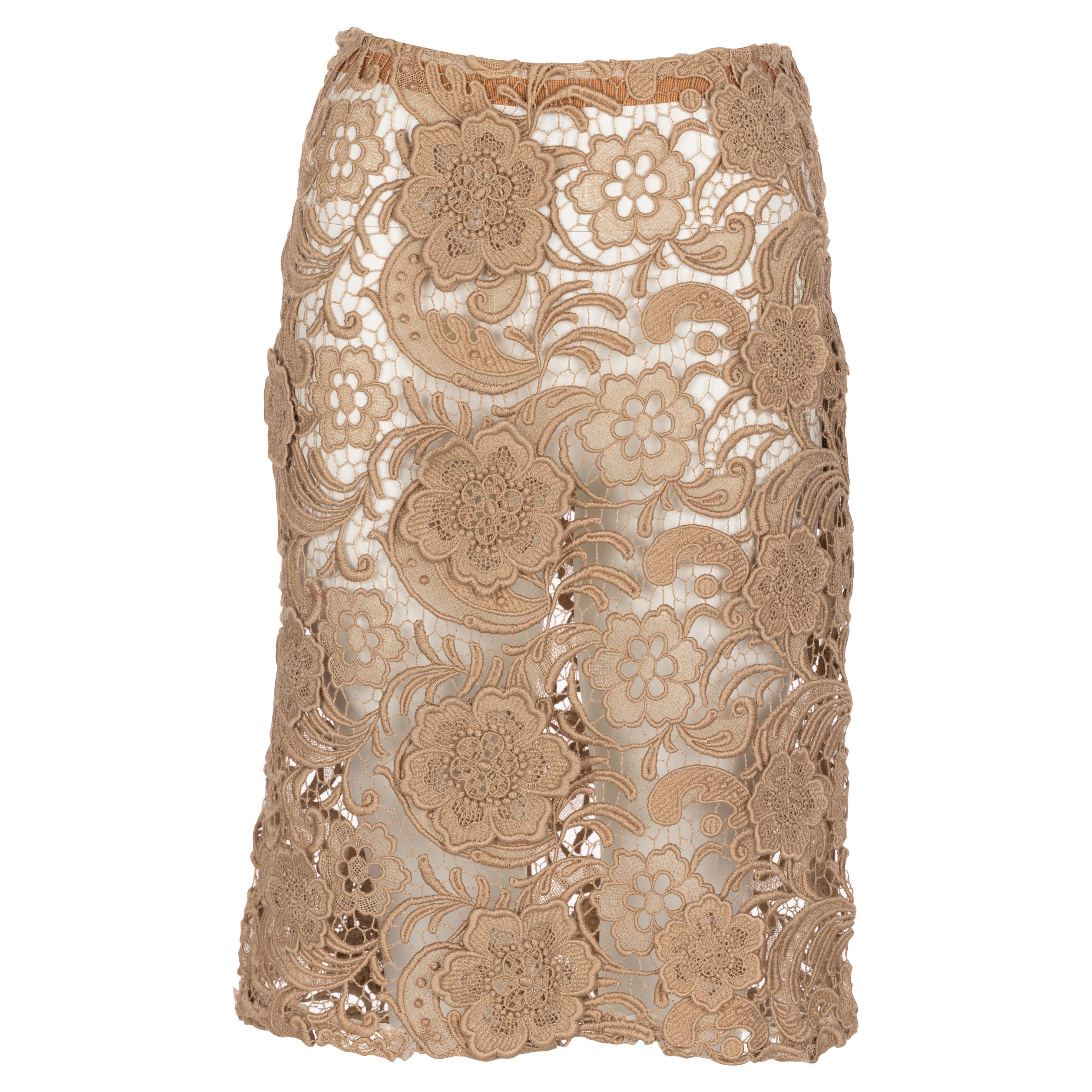 Prada Tan Lace Skirt Fall 2008 Runway en vente