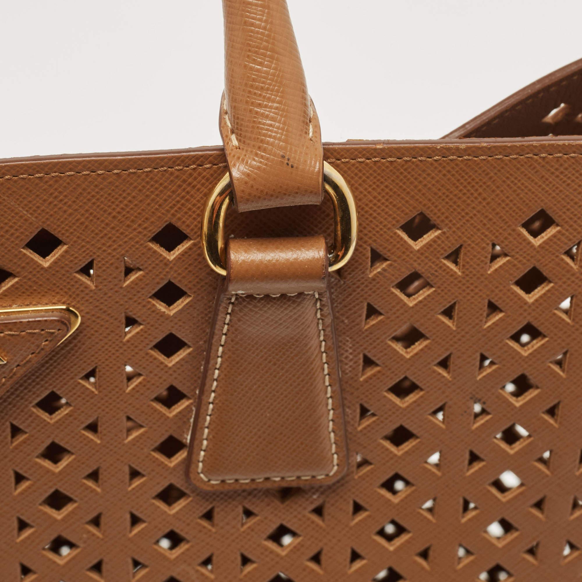 Prada Tan Lasercut Saffiano Leather Open Tote 8