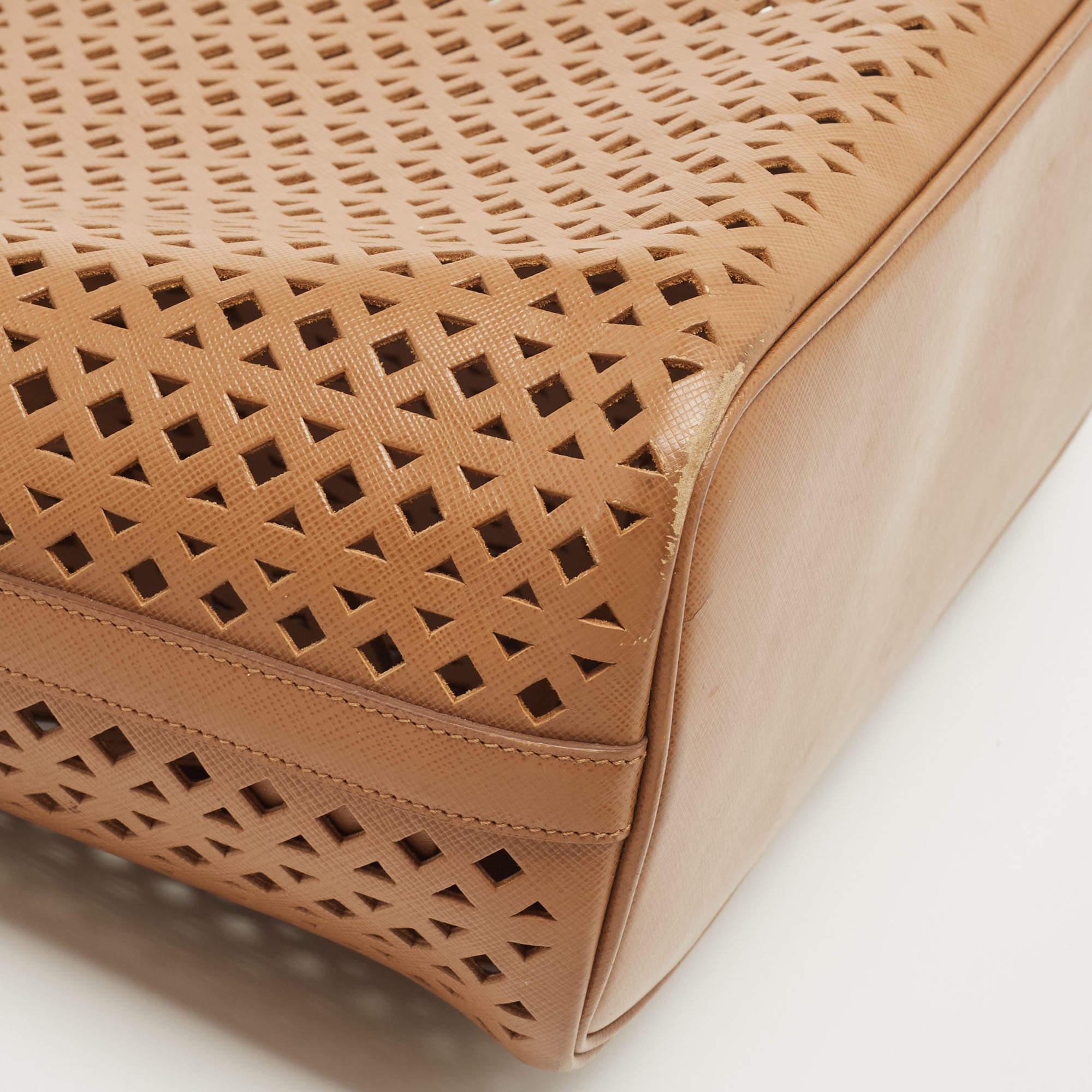 Prada Tan Lasercut Saffiano Leather Open Tote 3