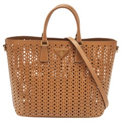 Prada Tan Lasercut Saffiano Leather Open Tote