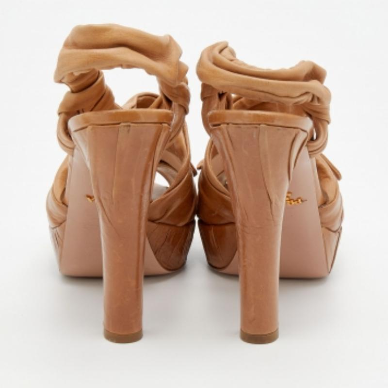 Prada Tan Leather Bow Detail Slingback Platform Sandals Size 38 For Sale 1