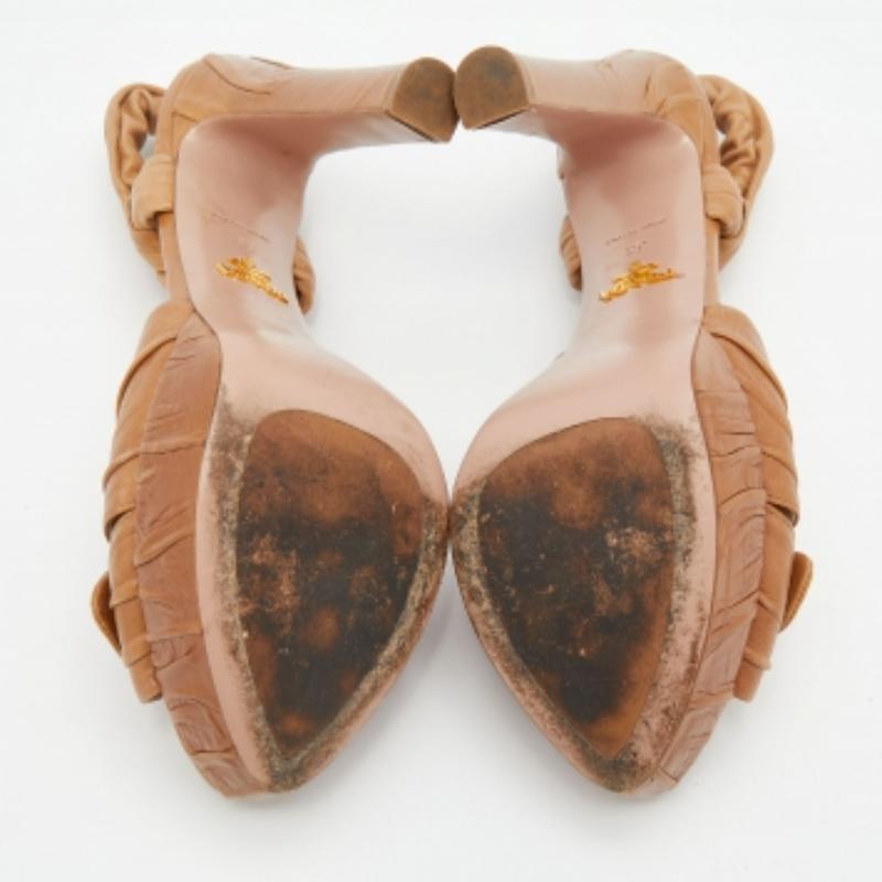 Prada Tan Leather Bow Detail Slingback Platform Sandals Size 38 For Sale 2