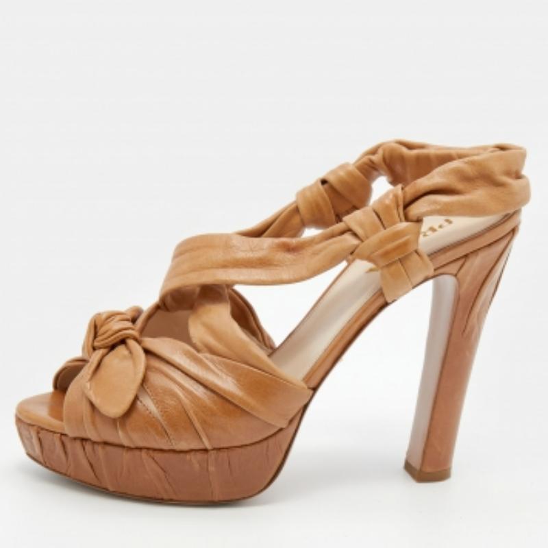 Prada Tan Leather Bow Detail Slingback Platform Sandals Size 38 For Sale