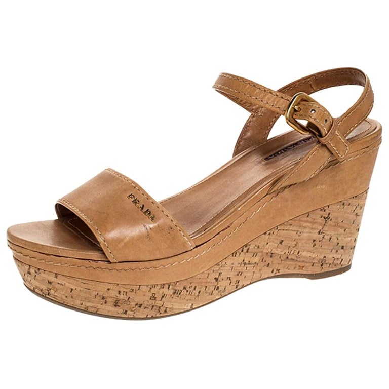 Prada Tan Leather Cork Wedge Ankle Strap Open Toe Sandals Size 38 For ...