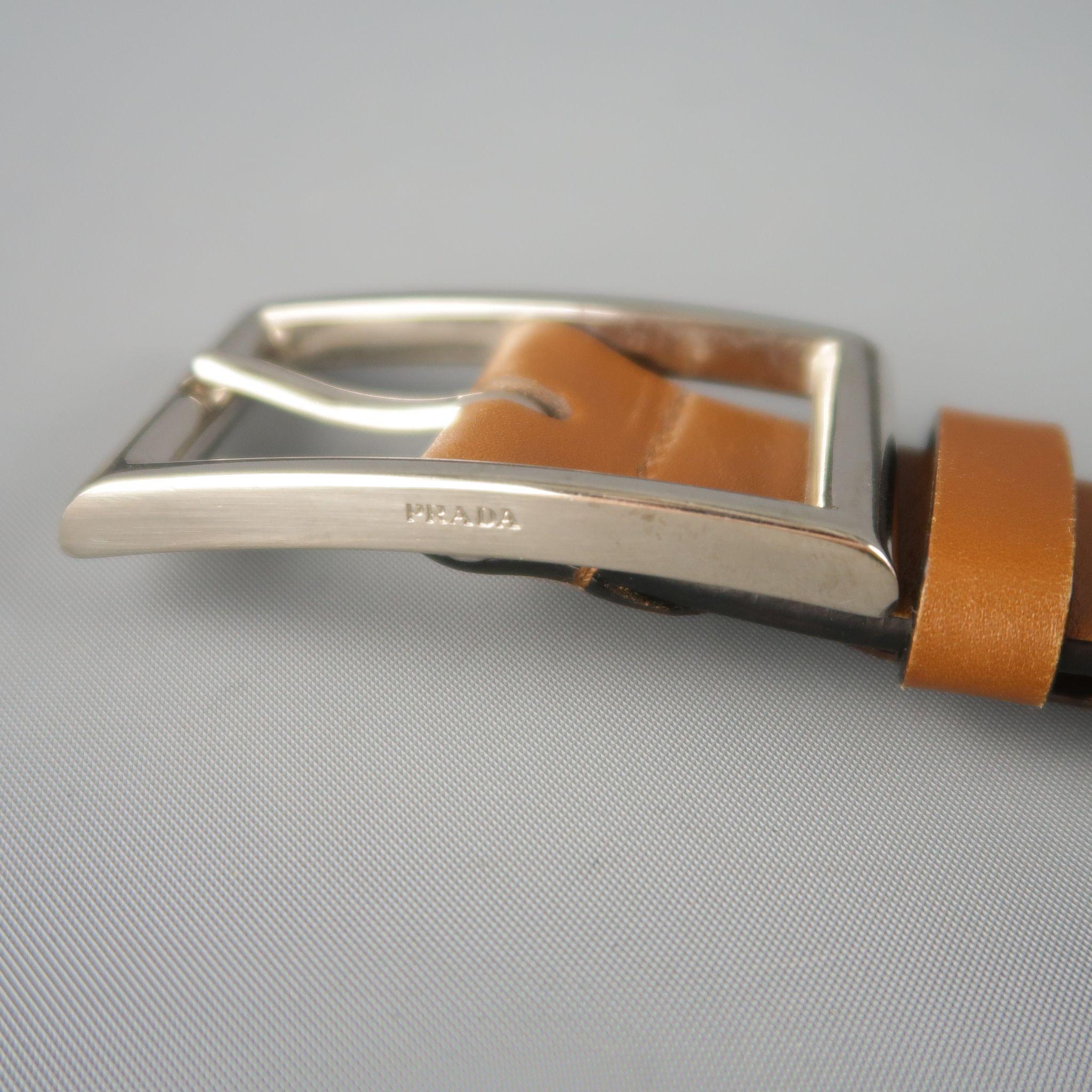 PRADA Tan Leather Silver Rectangle Buckle Belt 1