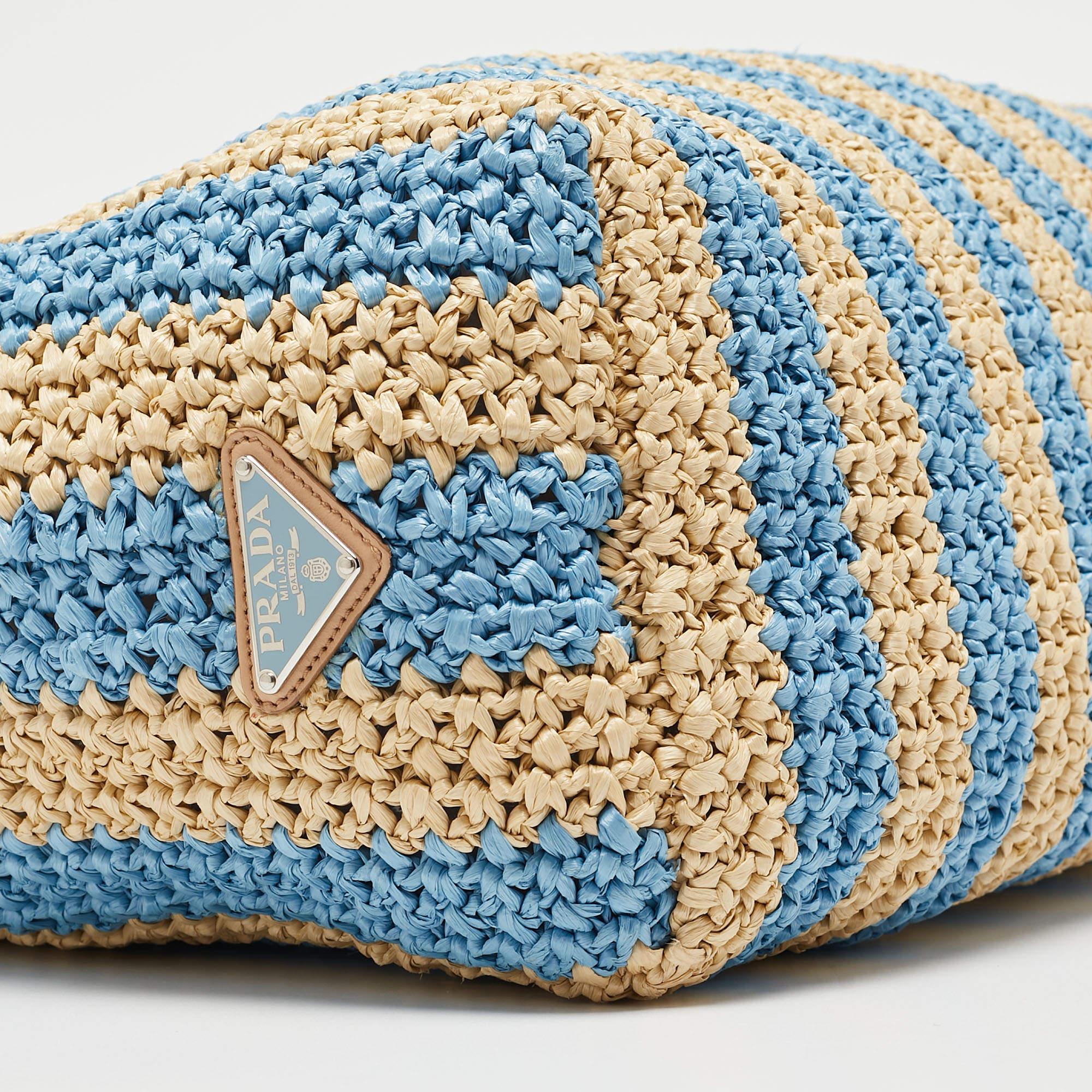 Prada Tan/Light Blue Crochet Straw Large Tote 2
