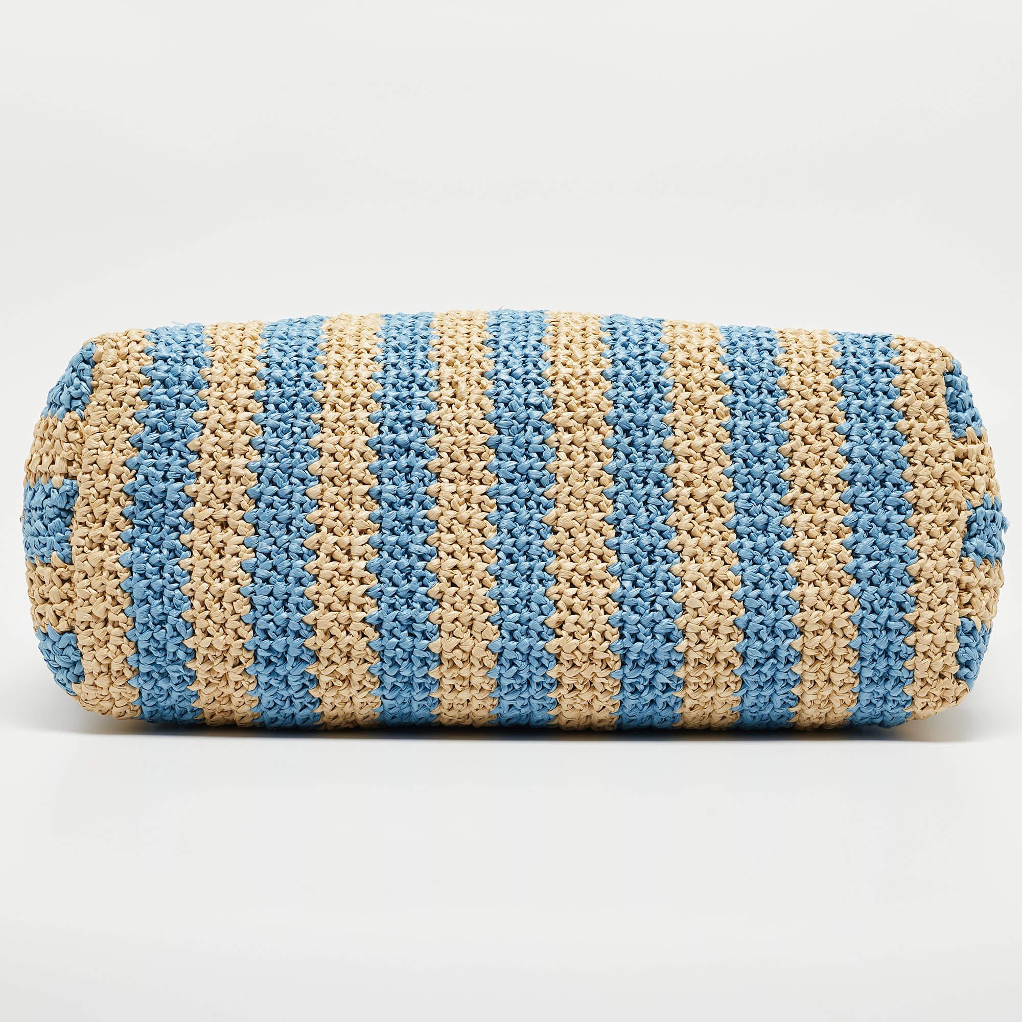 Prada Tan/Light Blue Crochet Straw Large Tote 3