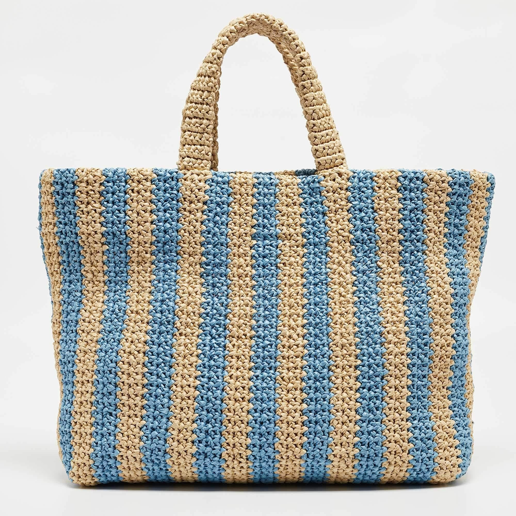 Prada Tan/Light Blue Crochet Straw Large Tote 4