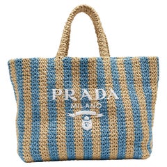 Prada Tan/Light Blue Crochet Straw Large Tote